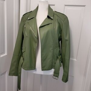 French Connection Green Faux Leather Moto Style Jacket Size XL, Casual, Biker